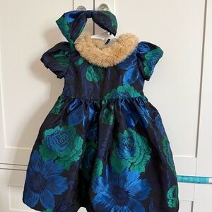 Janie and Jack Navy Floral Dress with Tan Faux Fur Collar